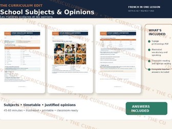 French School Subjects and Opinions Illustrated Worksheet | A1–A2 | Answers