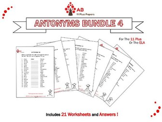 Antonyms Bundle 4 -worksheets and answers for 11 plus