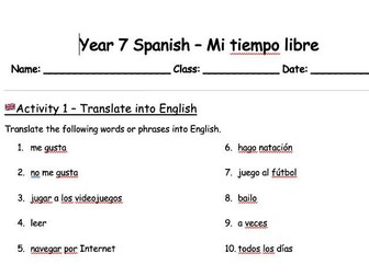 Year 7 KS3 Spanish mi tiempo libre worksheet