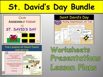 St. David's Day Assembly, Lesson, Worksheets, Jigsaw Puzzles Word Search, Reading Comprehension, Wales BUNDLE