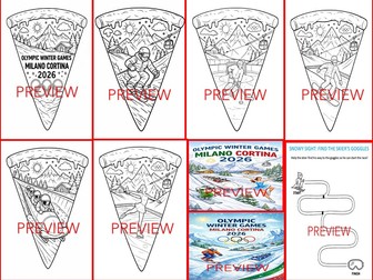 WINTER OLYMPICS 2026 COLOURING PAGES (5) + 2 FREE POSTER / ACTIVITY SHEET / PIZZA / MILANO CORTINA