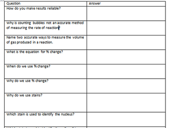 Practical question revision activity/homework/worksheet OCR Biology B1 and B2