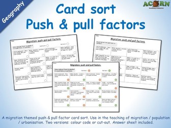Geography - push and pull factor card sort activity sheet