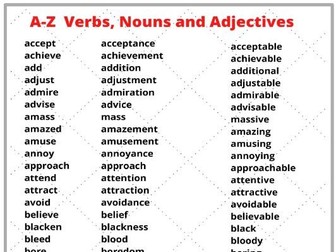 A-Z Verbs, Nouns, Adjectives