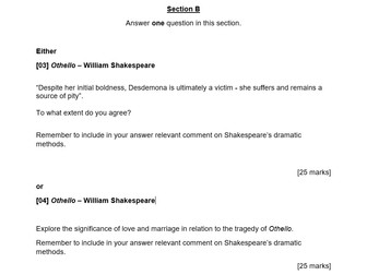 AQA A Level Othello Mock Exam Questions bundle