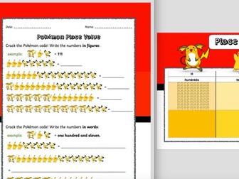 Pokémon HTU Place Value Table, Place Value Worksheet and Code Breaking Worksheet