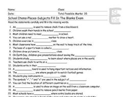 School Items Places Subjects Fill In The Blanks Exam Teaching Resources