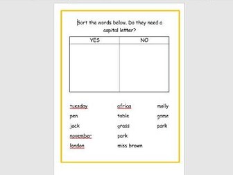 KS1. Sort the words that require a capital letter.