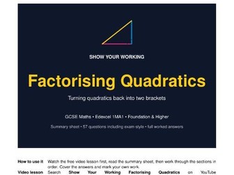 Factorising Quadratics GCSE Maths Revision Pack | Edexcel 1MA1 | Worked Answers