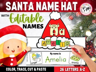 Christmas Name Craft: Name Tracing Editable, Santa Name Hat, Christmas Alphabet