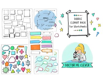Doodle Cilpart Pack for Worksheets. Includes Frames, Icons, Thought Bubbles, Signs and Arrows.