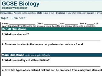 AQA GCSE Biology Stem Cells Worksheet with Answers | Differentiation, Uses, Risks & Ethics