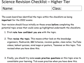 Edexcel Combined Science Higher Tier Revision checklist