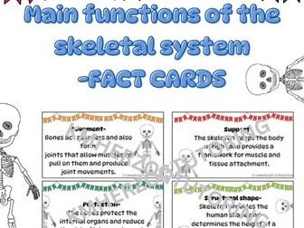 Biology and Anatomy revision  fact cards- Main functions of the skeletal system + joints KS3 +
