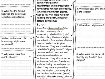 RS AQA A GCSE Islam Sunni Shi'a literacy / revision / guided read