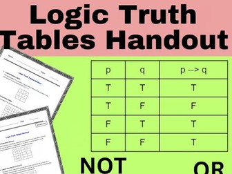 Logic Truth Tables Handout Worksheets | Logic Worksheets | NOT - AND - OR