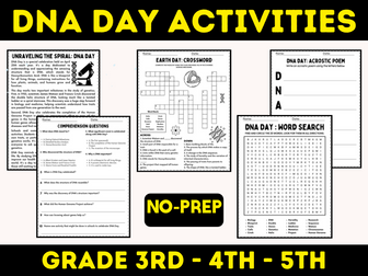 DNA Day: Reading + Question + Activities Puzzles Grade 3rd - 5th Sub plans