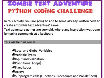 [GCSE IGCSE IB] Python Coding Activity - Zombie Escape Text Adventure