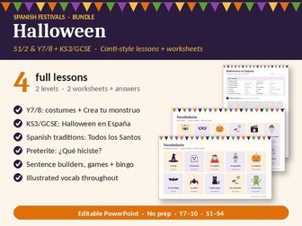 Halloween Spanish Bundle, Conti Style: 4 Lessons + 2 Worksheets (KS3/GCSE)