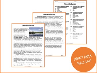 Water Pollution Reading Comprehension Passage and Questions - PDF