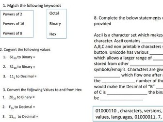 Binary, Sound and Images AQA activity sheet