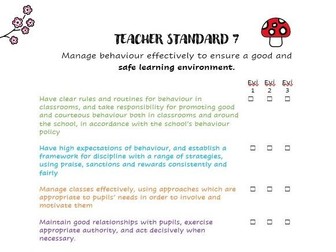 Teaching standards cover sheets with examples of evidence.