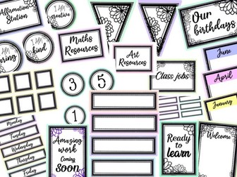 Black, white and pastel theme classroom decor display pack