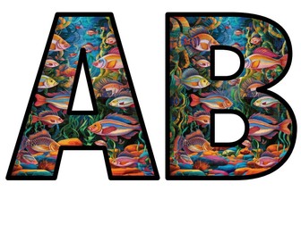 Rainbow Ocean Floor Fish - Modern Lettering Set Display, Colourful, Whole Alphabet, Letters, Numbers