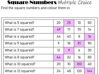 Square Numbers - Multiple Choice Activity