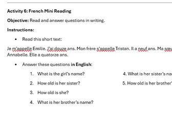 French Year 7 Learning Menu Homework