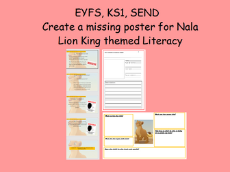 Lion King Literacy Create a missing poster for Nala Year 1 Adverts Editable