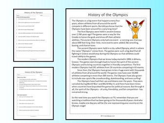 History of the Olympics Reading Comprehension Passage Printable Worksheet