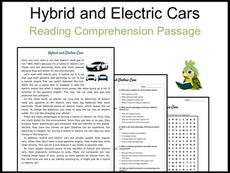 Hybrid and Electric Cars Reading Comprehension and Word Search