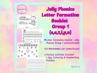 Jolly Phonics Letter Formation Booklet- Group 1 (s,a,t,i,p,n)