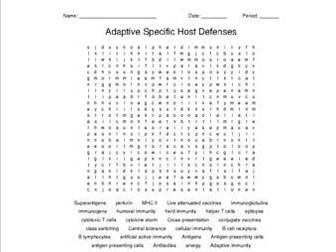 Adaptive Specific Host Defenses Word Search for a Microbiology Course