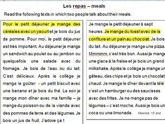 KS3 French differentiated reading activity about meals - colour Qs & As in matching colours