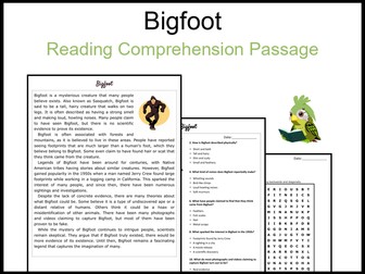 Bigfoot Reading Comprehension and Word Search