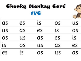 Chunky Monkey VC Blending Cards: Vowel,Consonant