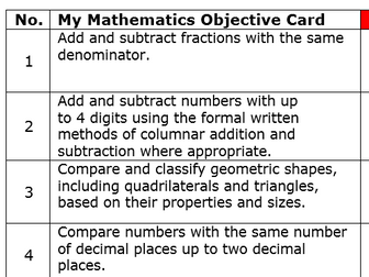 Mathematics Objective Cards for Years 1-6 Curriculum 2014