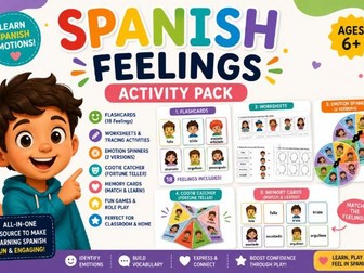 Spanish Feelings Activity Pack,Emotions Flashcards, Memory Game, Cootie Catcher, Worksheet& Spinners