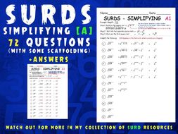 Surds Set A Simplifying With Some Scaffolding 72 Questions Over 6 Worksheets Answers Teaching Resources