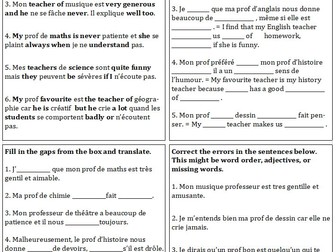 French School Subjects and Teachers Worksheets