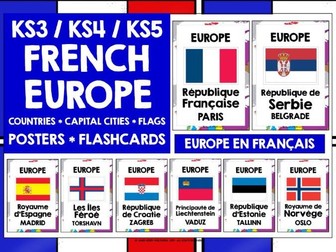 FRENCH EUROPE COUNTRIES, CAPITALS, FLAGS POSTERS
