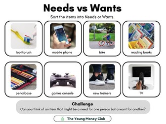 KS1 KS2 PSHE Needs and Wants Sorting Activity – Financial Education Starter