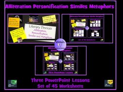 Similes, Metaphors, Personification, Alliteration : 3 PowerPoint Lessons - 48 Worksheets Bundle