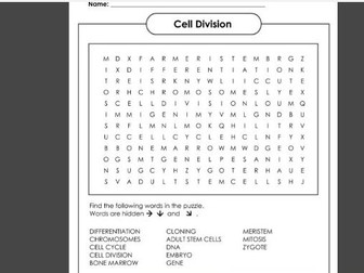 AQA GCSE BIOLOGY - CELLS AND ORGANISATION- WORDSEARCH PACK, ACTIVITY, LESSON STARTER, RECAP, PLENARY