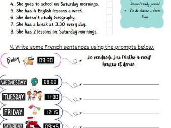 Au collège: Crosswords, Time-Telling, Timetable Analysis & Sentence Building Activity