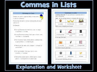 Commas in Lists Worksheet