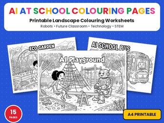 AI at School Colouring Pages | Future Classroom Robots Printable Landscape Colouring Page Worksheets