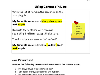 Commas in Lists Worksheet KS2